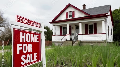 A charming white house with red accents, featuring a foreclosure sign indicating 'Home For Sale' The surrounding area is overgrown with grass, reflecting a quiet mood created with generative ai