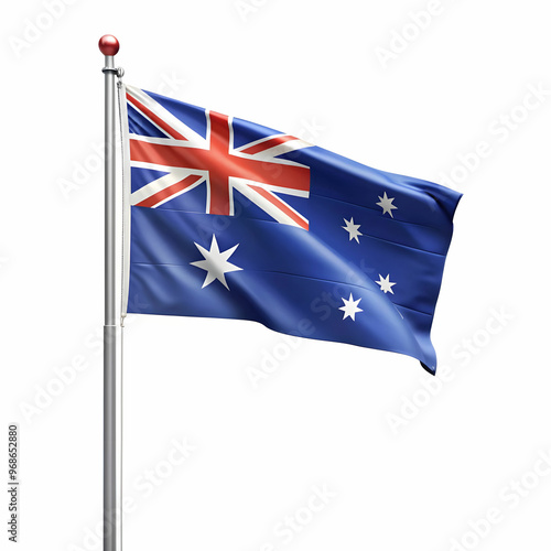 Australian flag with pole on white background