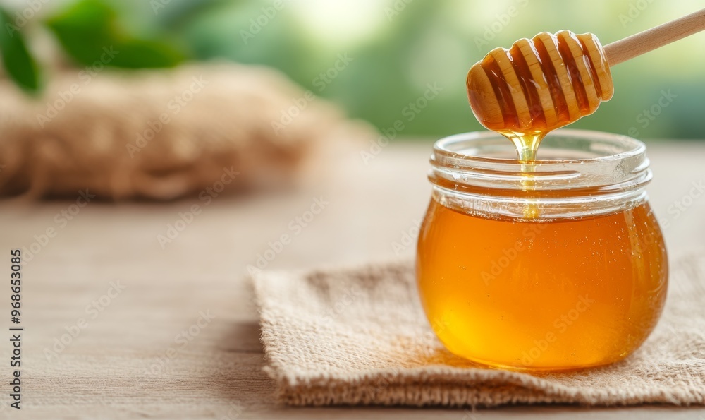 Natural Honey Dripping From a Wooden Dipper Into a Glass Jar on a Rustic Wooden Table Natural Honey Dripping From a Wooden Dipper Into a Glass Jar on a Rustic Wooden Table
