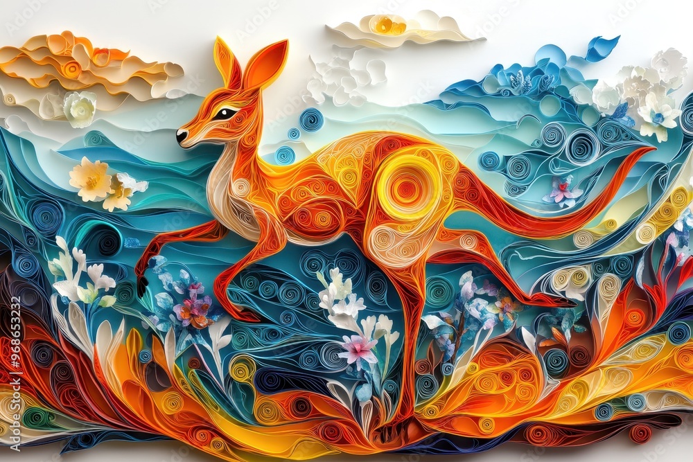 Intricate Paper Cut Quilling of Kangaroo Symbolizing Strength and Agility in Outback Wilderness Intricate Paper Cut Quilling of Kangaroo Symbolizing Strength and Agility in Outback Wilderness
