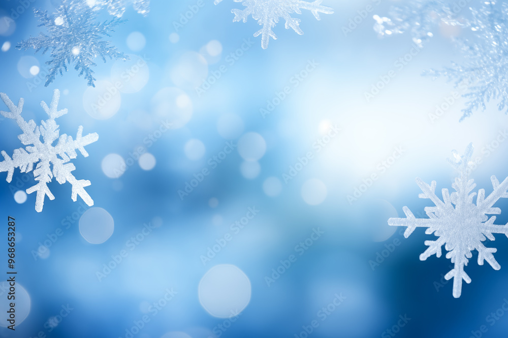 Winter background, snow and snowflakes on a blue background, copy space.