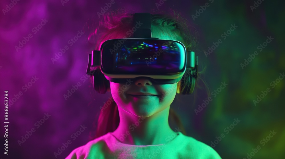 A young girl wearing a VR headset, smiling and looking into the virtual world. She is surrounded by a colorful neon background. A young girl wearing a VR headset, smiling and looking into the virtual world. She is surrounded by a colorful neon background.