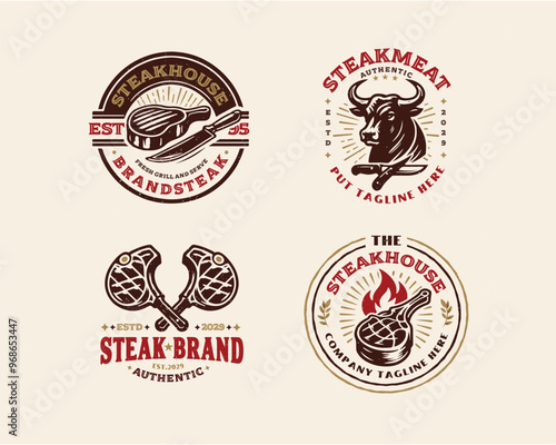 set vintage grill meat steak shop logo template for business company
