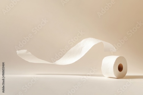 Artistic capture of a roll of toilet paper unrolling on a smooth surface with a soft background