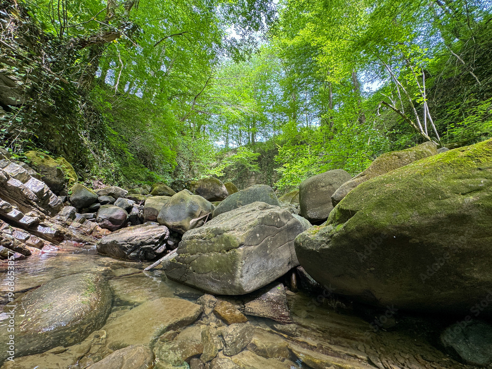 The river runs along the rocky cliffs in the mountains The river runs along the rocky cliffs in the mountains