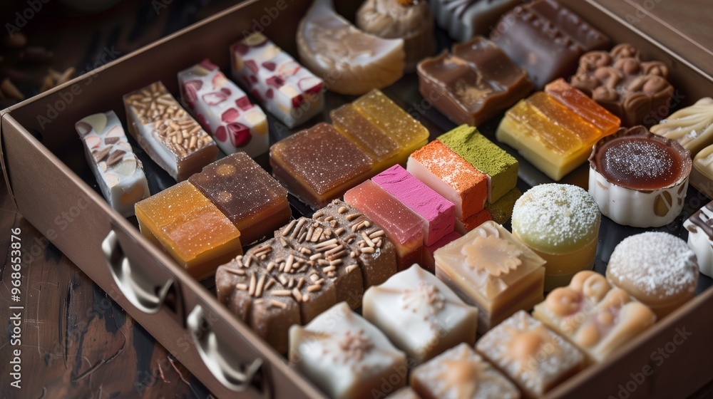 A beautifully packaged box of traditional sweets with a mix of flavors and textures A beautifully packaged box of traditional sweets with a mix of flavors and textures