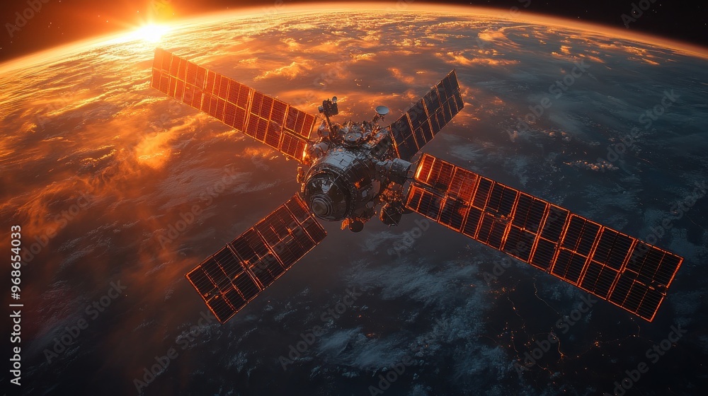 Satellite orbiting Earth during sunrise, showcasing technology in space. Satellite orbiting Earth during sunrise, showcasing technology in space.