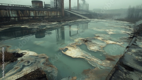 Acidic runoff poisoning freshwater lakes with dead aquatic life and toxic sludge in a bleak industrial setting