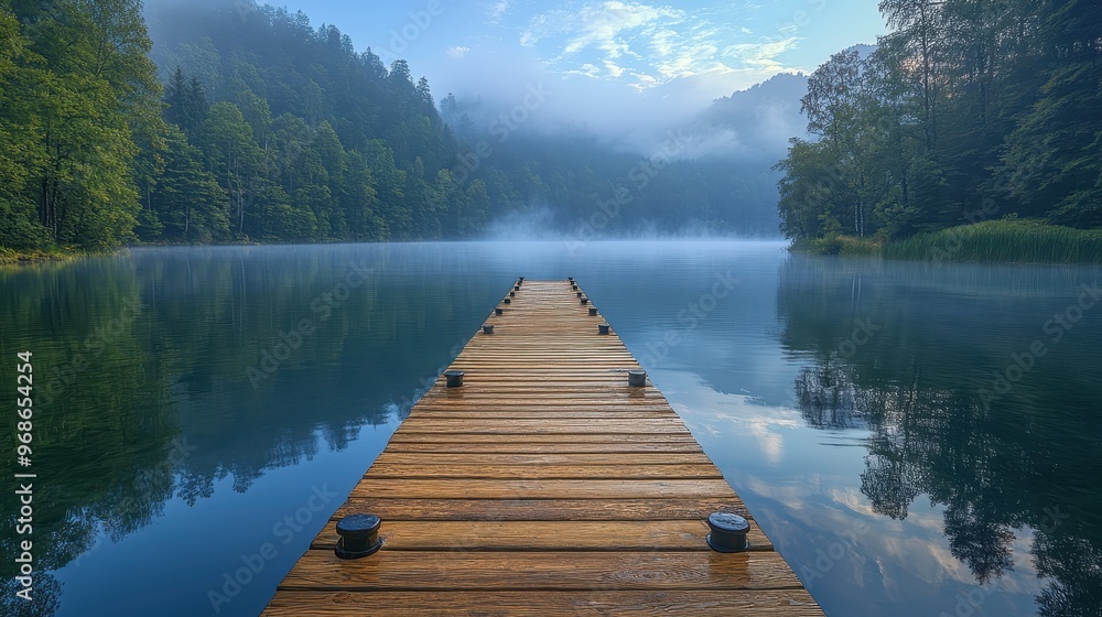 Beautiful Lake with Wooden Jetty and Blue Sky, Misty Morning, Stunning Nature Landscape View from Old Pier, Calm Water with Mirror Effect
Beautiful Lake with Wooden Jetty and Blue Sky, Misty Morning, Stunning Nature Landscape View from Old Pier, Calm Water with Mirror Effect