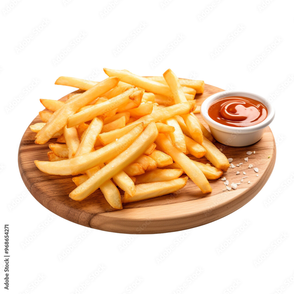 French fry with sauce on a wooden board on a transparent background French fry with sauce on a wooden board on a transparent background