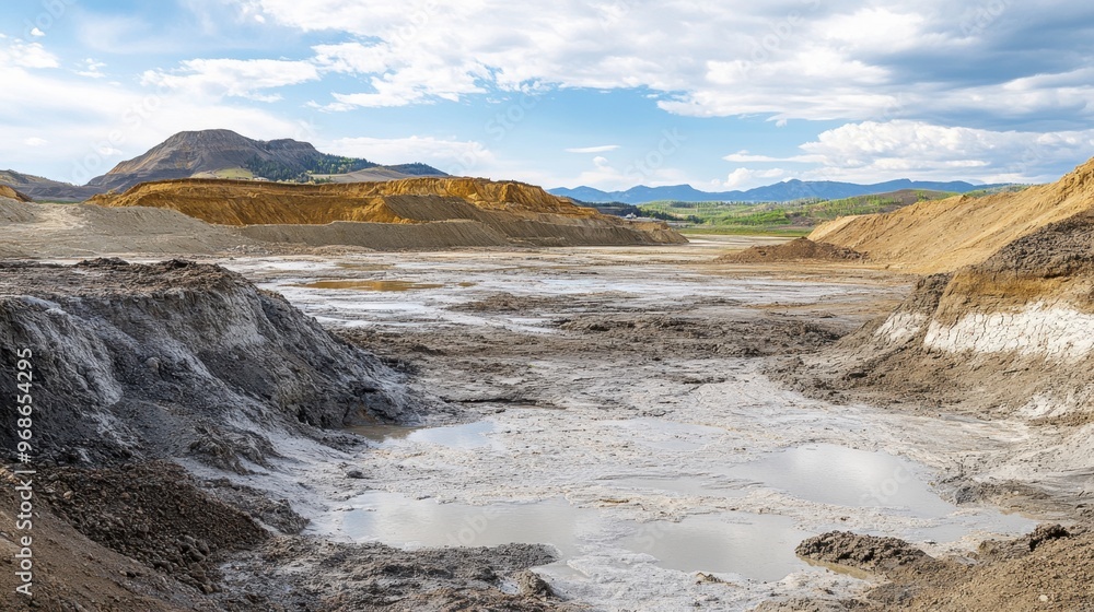 Polluted mining runoff creating a toxic landscape with stripped land and hazardous waste in a desolate area Polluted mining runoff creating a toxic landscape with stripped land and hazardous waste in a desolate area