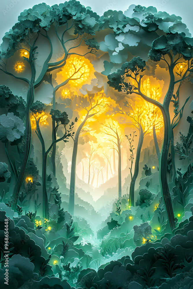 Obraz premium A forest with trees and a path. The trees are green and yellow
