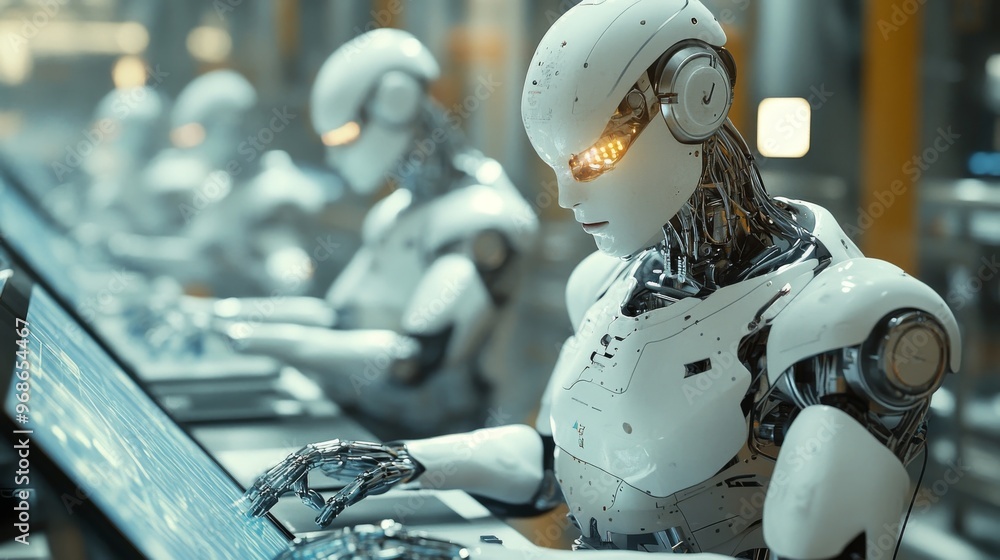 AI-controlled factories producing environmentally-friendly products: Robots assembling eco-friendly gadgets and technologies. AI-controlled factories producing environmentally-friendly products: Robots assembling eco-friendly gadgets and technologies.