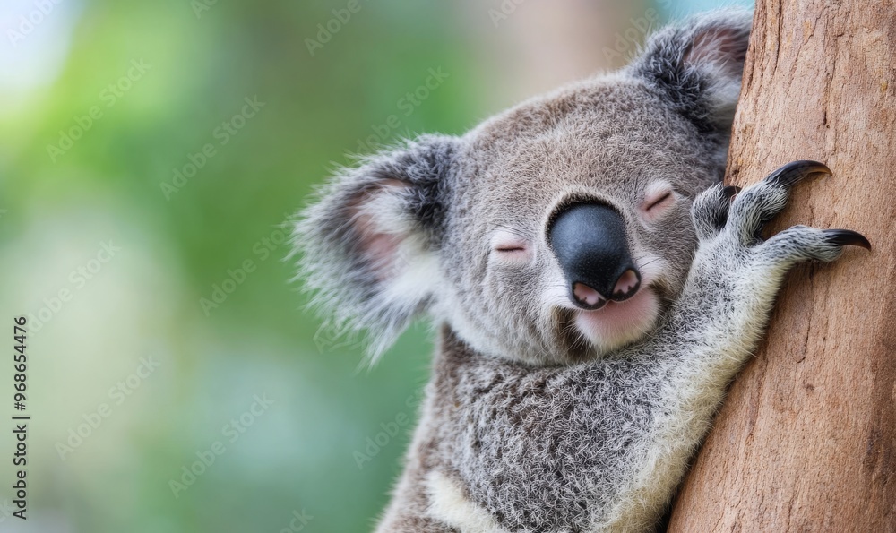 Naklejka premium Koala Resting Peacefully on a Tree Trunk During a Sunny Day in Australia’s Lush Forests