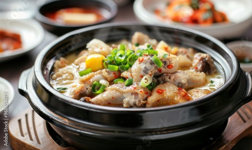 Delicious Chicken Stew With Vegetables in a Black Ceramic Pot on a Dining Table