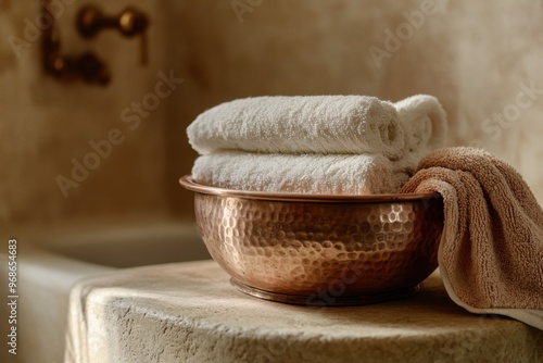 Charming close-up of hammam essentials featuring stacked towels and a copper bowl in a serene spa setting