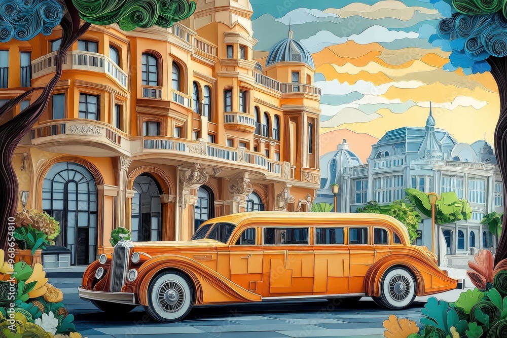 Obraz premium Intricate Quilling Paper Limousine Parked in Front of Grand Hotel for Exclusive Luxury City Transportation Concept