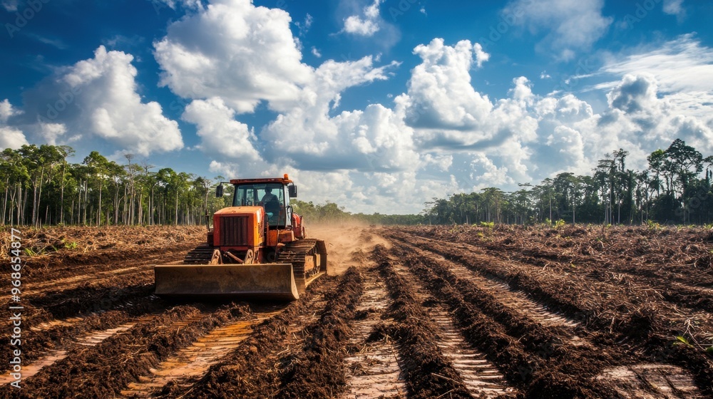 Fototapeta premium Forest clearing for agriculture revealing the extensive deforestation process with machinery and barren land, emphasizing environmental impact and habitat destruction