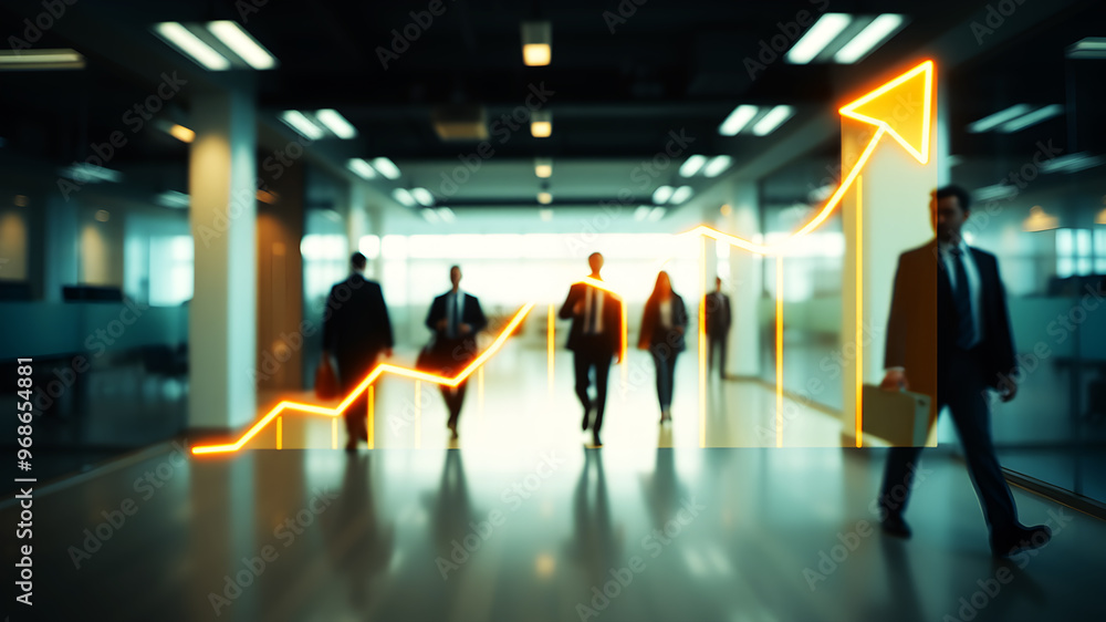 A blurred office scene with people in suits walking, focusing on a glowing upward-trending graph representing business growth A blurred office scene with people in suits walking, focusing on a glowing upward-trending graph representing business growth