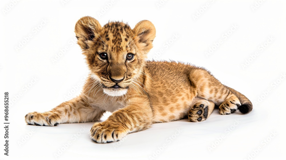 Adorable Lion Cub Resting on a Clean White Background During an Indoor Photoshoot Adorable Lion Cub Resting on a Clean White Background During an Indoor Photoshoot