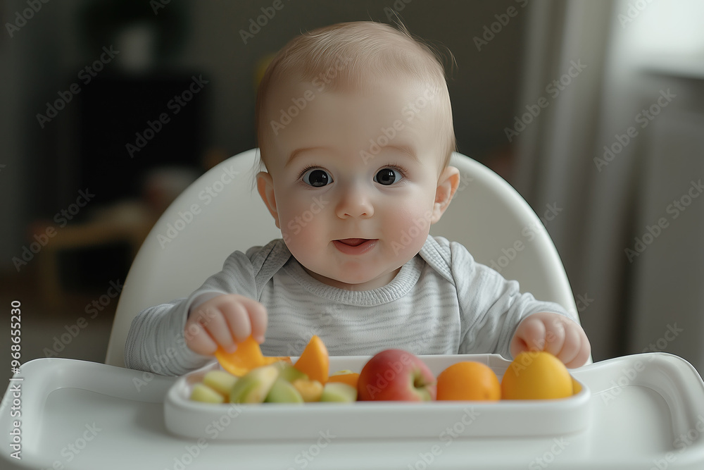 Baby happily enjoying a healthy snack of fresh fruits in a bright, cozy indoor setting Baby happily enjoying a healthy snack of fresh fruits in a bright, cozy indoor setting
