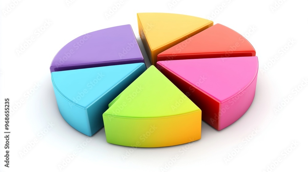 A dynamic 3D pie chart with segments in various bright colors, each section floating slightly above a white surface, symbolizing data analysis and statistics. A dynamic 3D pie chart with segments in various bright colors, each section floating slightly above a white surface, symbolizing data analysis and statistics.
