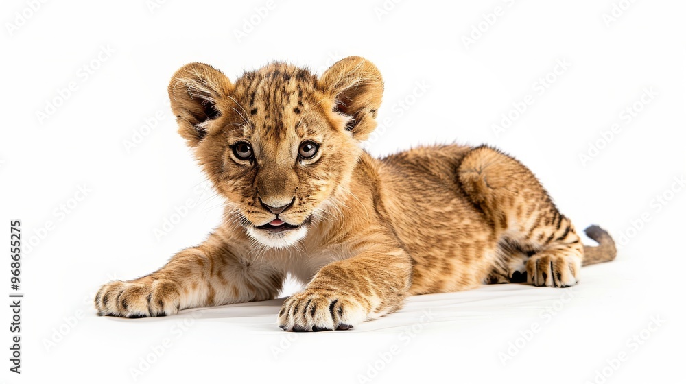 Young Lion Cub Resting on a Bright White Background Showcasing Its Playful Nature Young Lion Cub Resting on a Bright White Background Showcasing Its Playful Nature