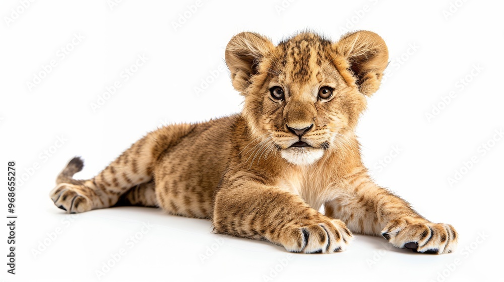 A Playful Lion Cub Lounging Comfortably on a Clean White Background, Showcasing Its Playful Demeanor A Playful Lion Cub Lounging Comfortably on a Clean White Background, Showcasing Its Playful Demeanor