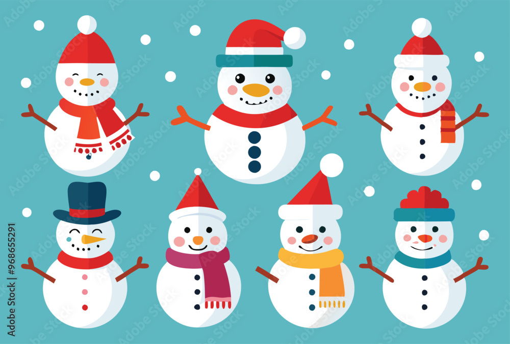 Collection of Cute Cartoon Snowmen with Various Hats and Scarves - Winter Vector Illustration Collection of Cute Cartoon Snowmen with Various Hats and Scarves - Winter Vector Illustration