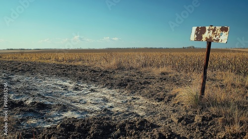 Depiction of abandoned farmland with degraded soil and erosion signs highlighting environmental damage and soil loss