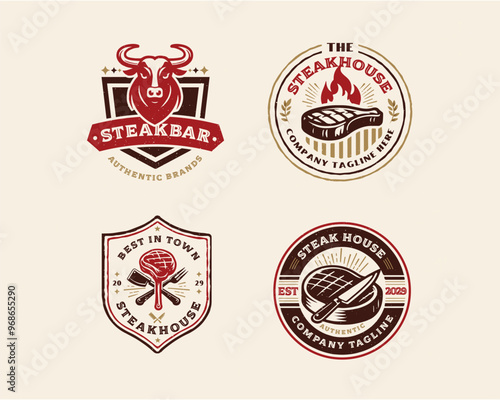 set vintage grill meat steak shop logo template for business company