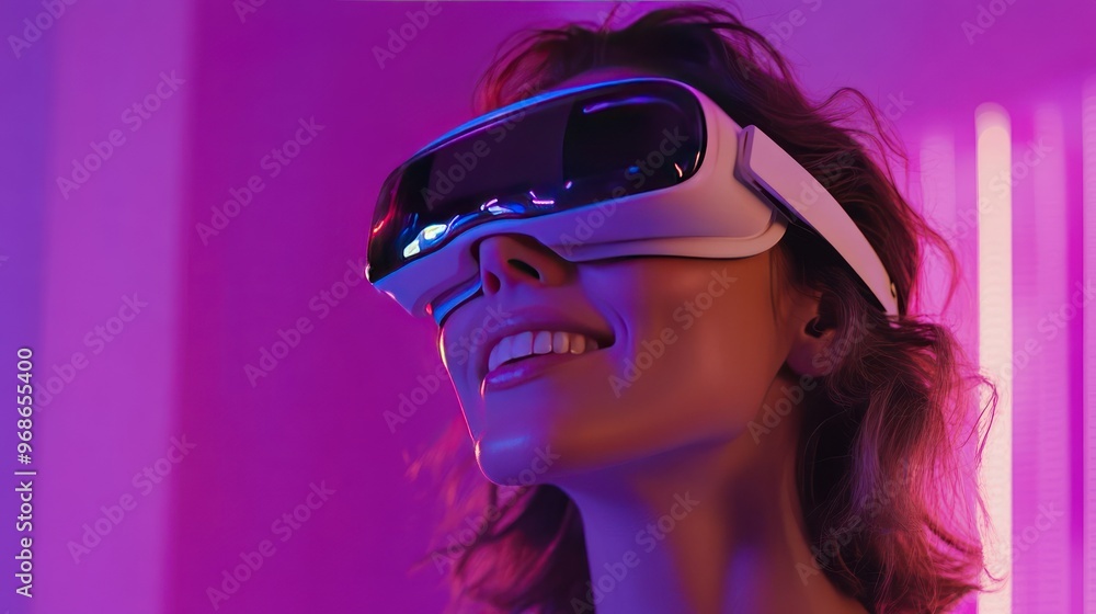 A young woman wearing VR headset, smiling and looking up, with neon pink lighting. A young woman wearing VR headset, smiling and looking up, with neon pink lighting.
