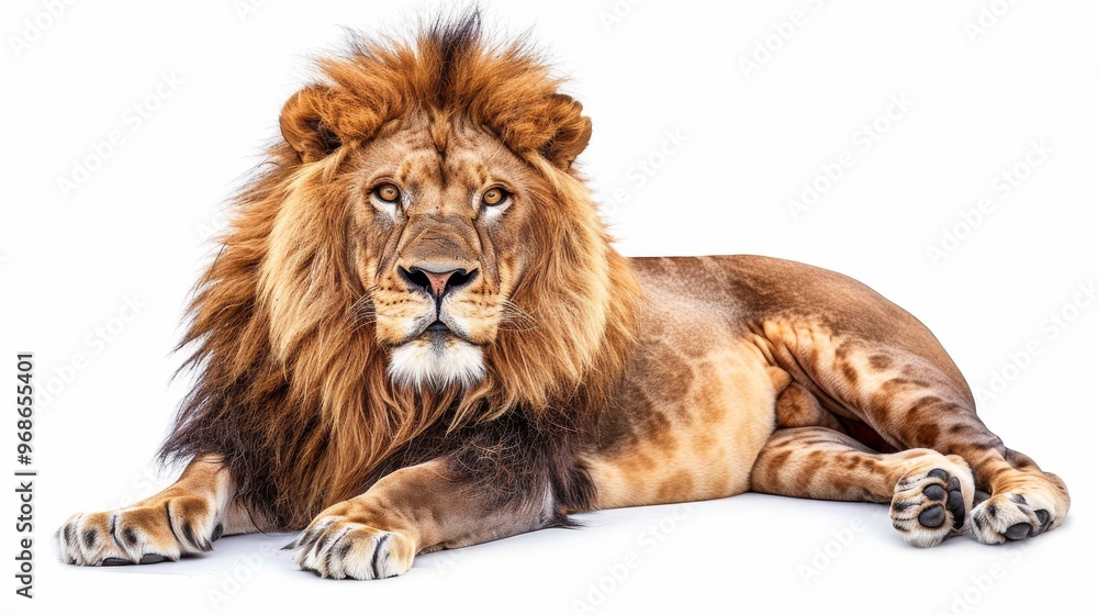 Fototapeta premium Majestic Lion Lounging Gracefully Under Bright Studio Lighting During a Photography Session