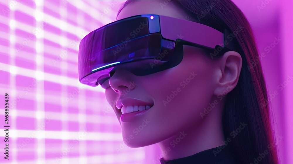A young woman wearing virtual reality glasses, smiling as she explores the metaverse. A young woman wearing virtual reality glasses, smiling as she explores the metaverse.