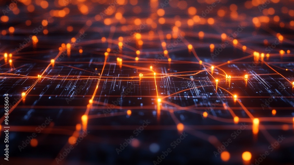 Fototapeta premium A futuristic 3D graph with interconnected nodes and lines, showcasing a network of data and relationships in a digital, high-tech environment