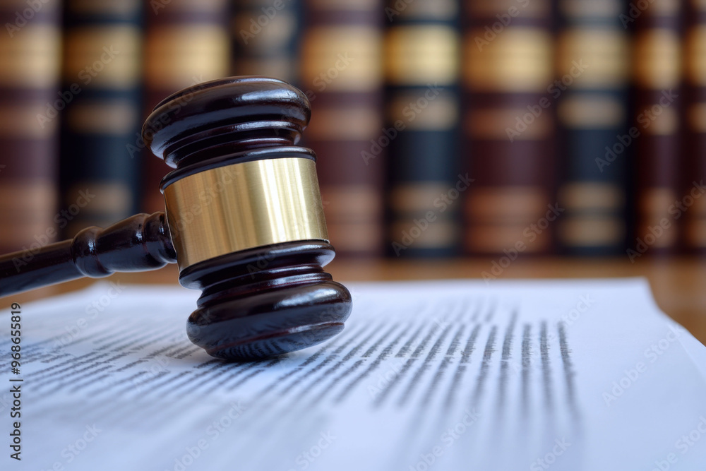 Elegant close-up of a gavel resting on legal documents with law books in the background Elegant close-up of a gavel resting on legal documents with law books in the background