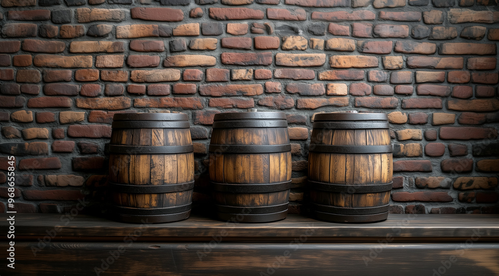 Wooden barrels on a wooden table against a dark brick wall with space for text, created with Generative AI technology Wooden barrels on a wooden table against a dark brick wall with space for text, created with Generative AI technology