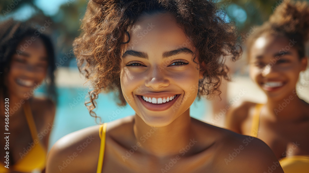 woman smiling on vacation on the beach woman smiling on vacation on the beach