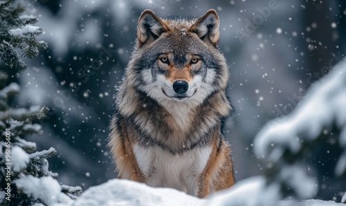 A Majestic Wolf Sits Quietly in a Snowy Forest as Snowflakes Gently Fall Around It