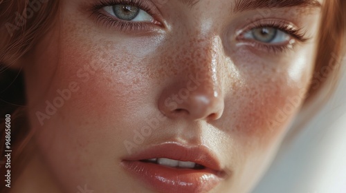 A high-resolution close-up of a woman's face with perfectly applied makeup, including smooth foundation and accentuated features, showcasing her beauty.