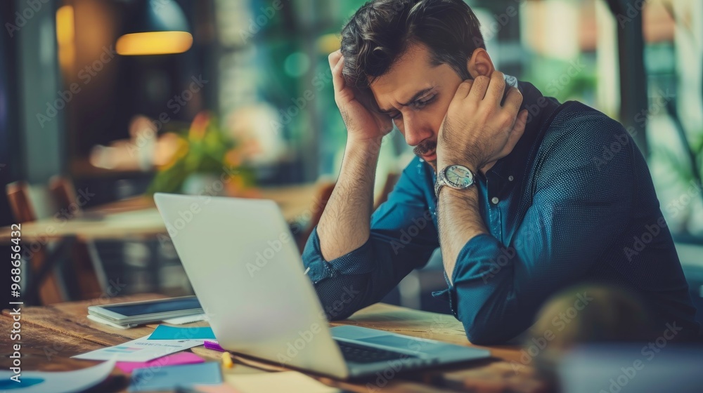 A man surrounded by documents, his face buried in his hands. A deserted workspace and dark environment reflect an overwhelmed, disoriented, and failed state of mind. A man surrounded by documents, his face buried in his hands. A deserted workspace and dark environment reflect an overwhelmed, disoriented, and failed state of mind.