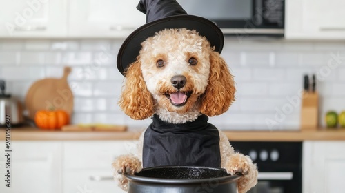 Poodle wearing a witch s hat and cape, stirring a cauldron in a spooky kitchen, witch dog, Halloween pet chef photo