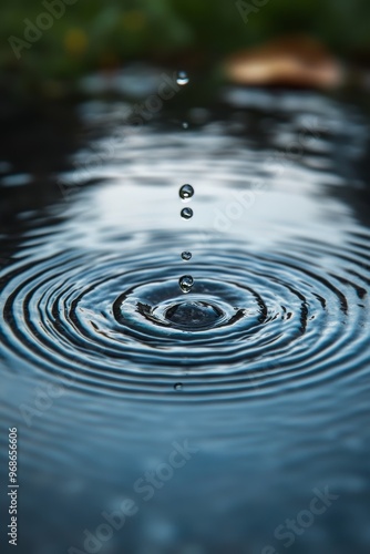 Raindrop Falling Into a Calm Pond Creating Concentric Ripples in a Serene Natural Setting