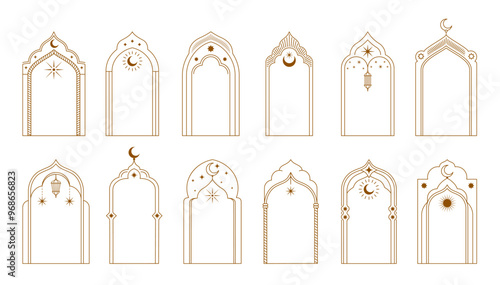 Ramadan arabian boho arch, muslim frames with islam minimal pattern borders of vector line Eid Mubarak lanterns, stars and moon crescents. Muslim mosque window and door gold frames, ramadan arches set