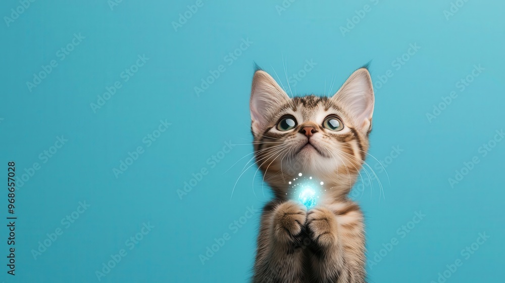 Obraz premium Cat in a wizard's robe holding a glowing crystal in its paw, wizard cat, magical feline