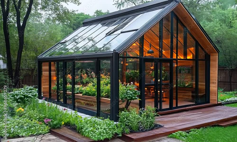 Modern Glass Greenhouse with Wooden Accents and a Cozy Interior Modern Glass Greenhouse with Wooden Accents and a Cozy Interior