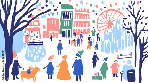 Winter outdoor activities childlike doodle art style.  Drawing looks like it was made by a child. The artwork simple, colorful shapes and lines