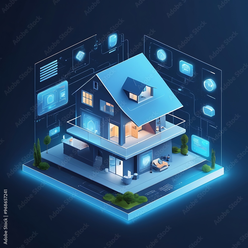 Future Smart building A 3D Render of a Smart house Hologram on a Blue Background Future Smart building A 3D Render of a Smart house Hologram on a Blue Background