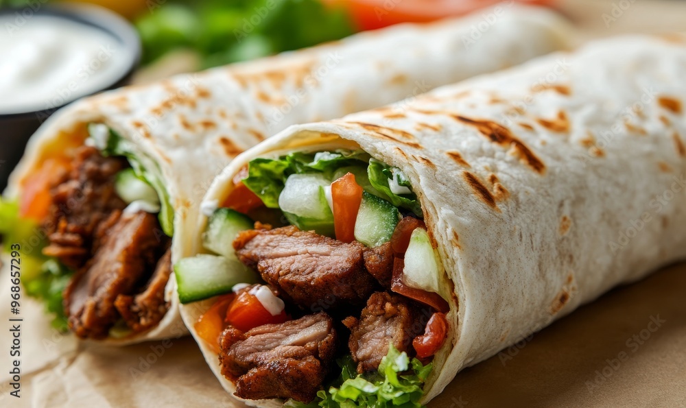 Delicious Wraps Filled With Grilled Meat, Fresh Vegetables, and Sauces on a Wooden Table Delicious Wraps Filled With Grilled Meat, Fresh Vegetables, and Sauces on a Wooden Table
