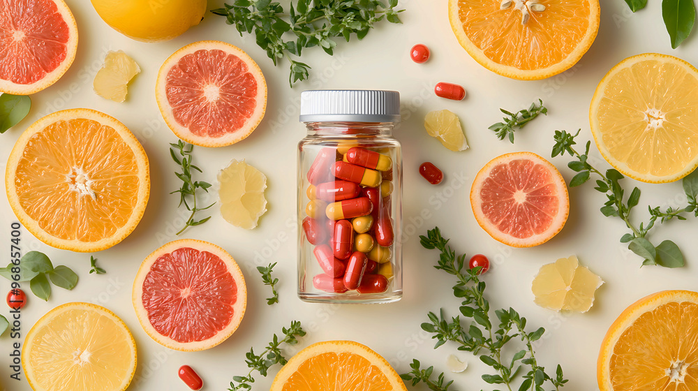 bright, healthy display of a clear vitamins bottle encircled by fresh citrus and herbs, with the red capsules creating a contrast against the freshness of the produce bright, healthy display of a clear vitamins bottle encircled by fresh citrus and herbs, with the red capsules creating a contrast against the freshness of the produce